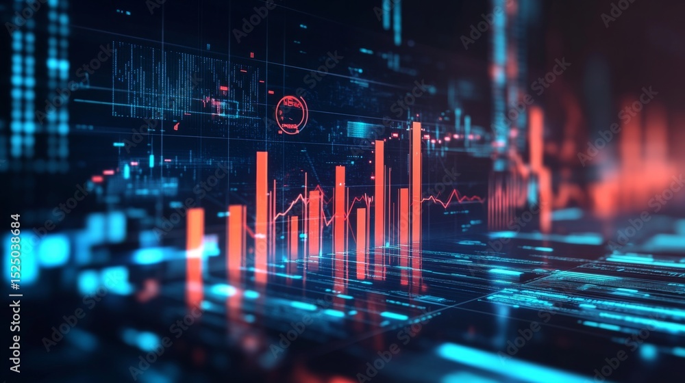 Fototapete A D bar graph representing financial data growth, set against a dark background with a digital interface and various financial symbols around it.