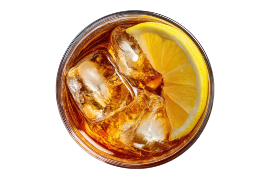 Top-down view of a chilled iced tea with lemon
