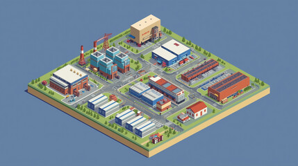 Obraz premium Isometric Industrial Zone with Factories and Warehouses