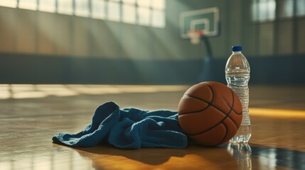 Naklejka premium A basketball resting on the sidelines of a court, surrounded by a water bottle and a towel, creating a scene of preparation and focus.