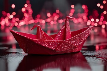 A striking red origami boat, set against a background of bokeh red lights, symbolizing both artistry and movement.