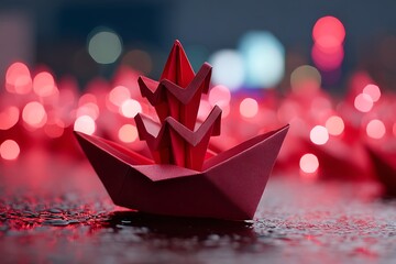 A striking red origami boat, set against a background of bokeh red lights, symbolizing both artistry and movement.