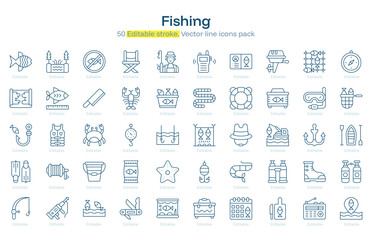 Fishing line icon pack. Fishing Stroke icon set. Editable Stroke icon