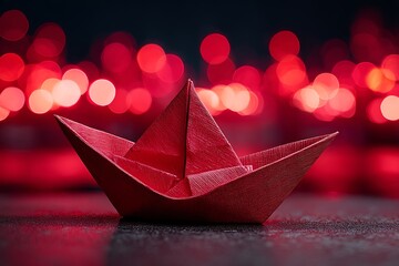 A striking red origami boat, set against a background of bokeh red lights, symbolizing both artistry and movement.