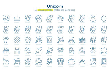 Unicorn line icon pack. Unicorn Stroke icon set. Editable Stroke icon