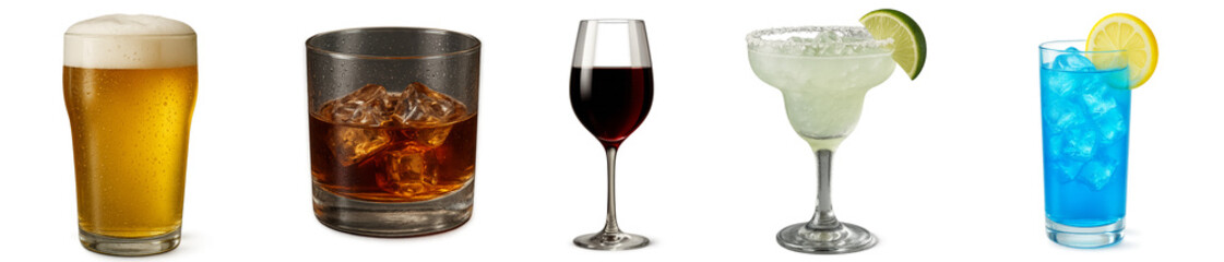 Beer, Whiskey, Wine, Margarita, Blue Lagoon Highball Glasses, Bar Drinks Collection Transparent PNG