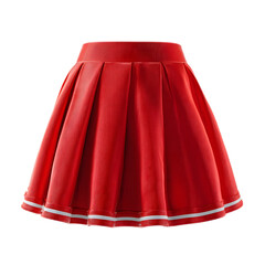 Colorful pleated cheerleader skirt in a vibrant red hue floating mid air against a white background capturing a dynamic energetic movement