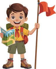 Happy boy scout cartoon character with backpack, holding map and flag, ready for outdoor adventure, hiking trip, camping exploration.