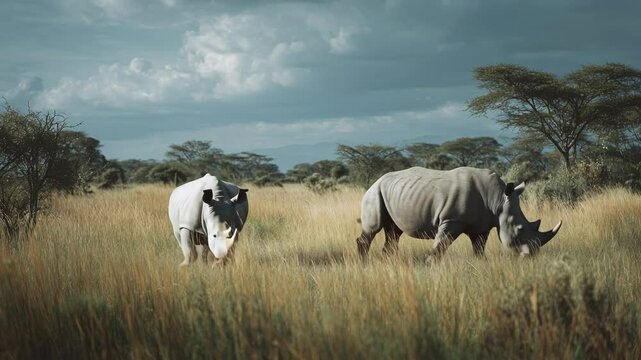 Two Large Mammals Grazing in Lush Grassland Beneath a Dramatic Cloudy Sky in an African Savanna