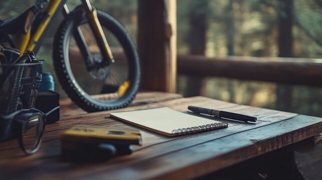 Outdoor Workspace with Bicycle Parts and a Notebook - Powered by Adobe