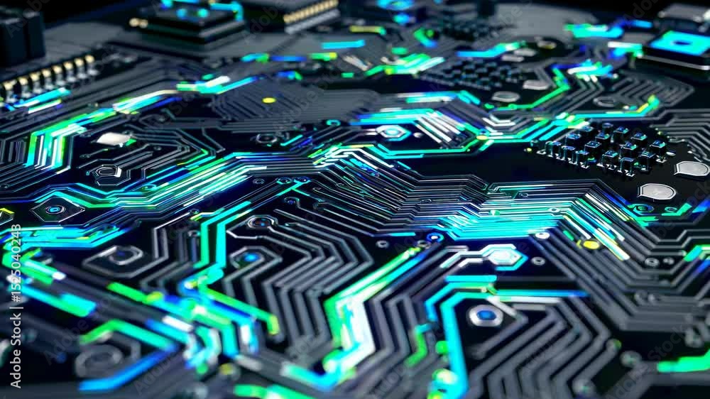 Aufkleber Exploring the intricate design of a modern circuit board with vibrant colors and complex patterns