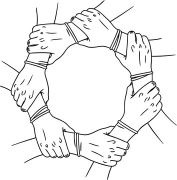 Illustration of a group of hands holding forming a circle symbolizing unity and support