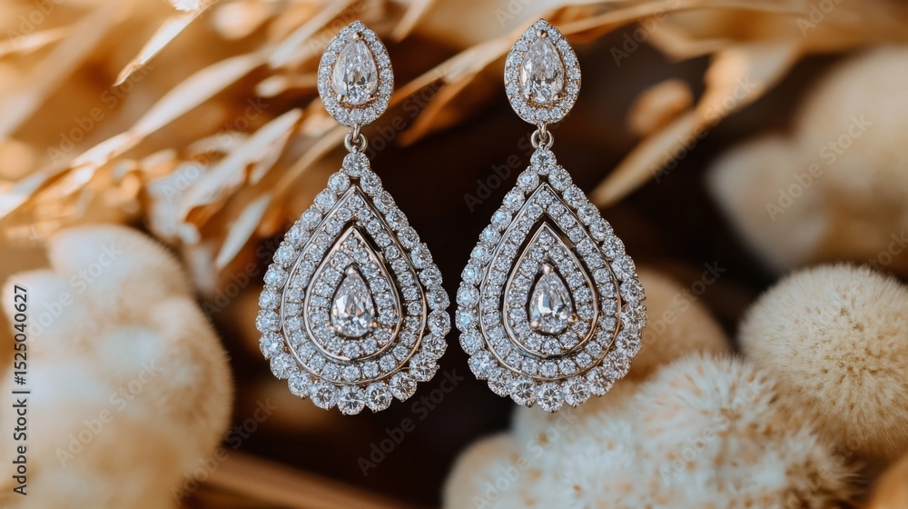 Poster a beautiful close-up of a pair of diamond drop earrings, captured in natural light to showcase their