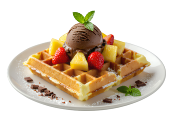 Golden Waffle with Chocolate Ice Cream, Transparent Background, Dessert Icon