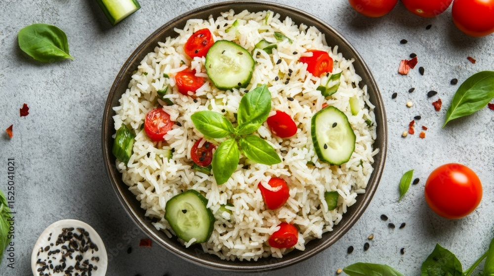 Poster A beautiful overhead view of a bowl of fried rice with various toppings, including sliced cucumber and tomatoes, creating a colorful and inviting composition.