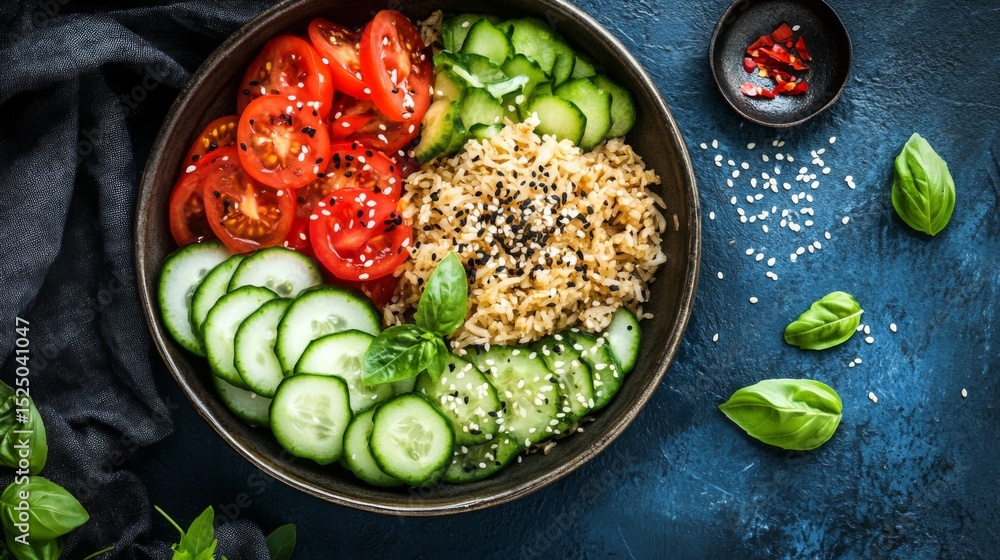 Poster A beautiful overhead view of a bowl of fried rice with various toppings, including sliced cucumber and tomatoes, creating a colorful and inviting composition.
