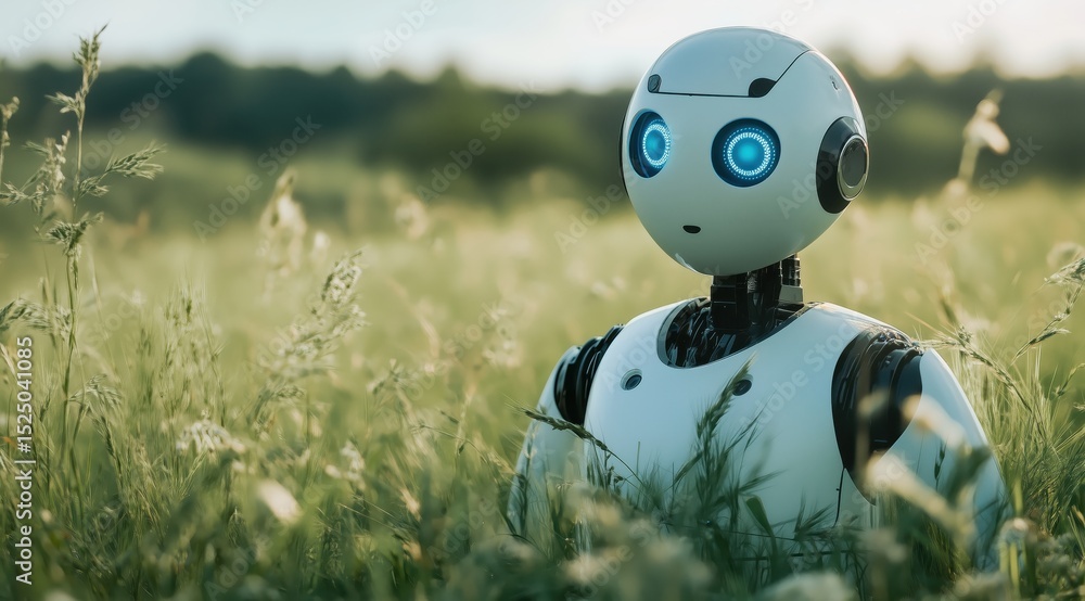 Poster a.i. robot in nature's embrace: an intelligent robot stands amidst tall grass in a verdant field. it