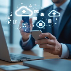 A businessman seamlessly streams music and files, effortlessly navigating the digital cloud. Cloud Data Sync and Transfer Technology – Businessman Using Smartphone