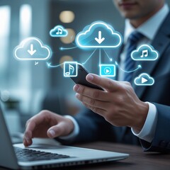 Modern Office Cloud Data Transfer – Smartphone and Laptop Workflow, Light-blue digital icons dance around a smartphone, symbolizing the ease of cloud-based file sharing.