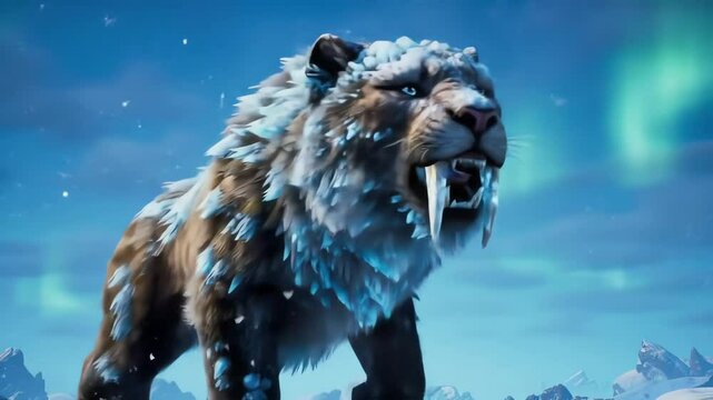 A fierce sabertoothed tiger covered in ice with large tusks set against a snowy cold landscape