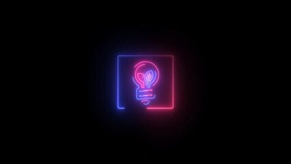 Neon Lightbulb with Leaf Inside in a Square Frame on a Black Background neon lightbulb