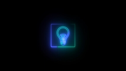 Neon Lightbulb Icon in a Square Frame Against a Black Background glowing neon lightbulb icon