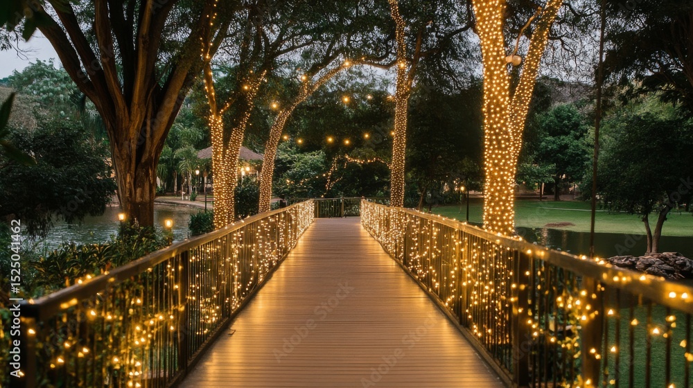 Aufkleber a bridge framed by trees along the riverbank, with twinkling lights strung along the railings, creat