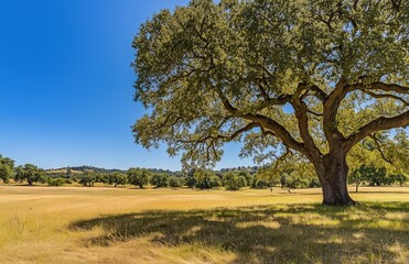 Obraz premium Solitary Tree on Golden Wasteland: Stark Contrast with Deep Blue Sky, Vigorous Trunk in Wind, Western-style Creation Resource