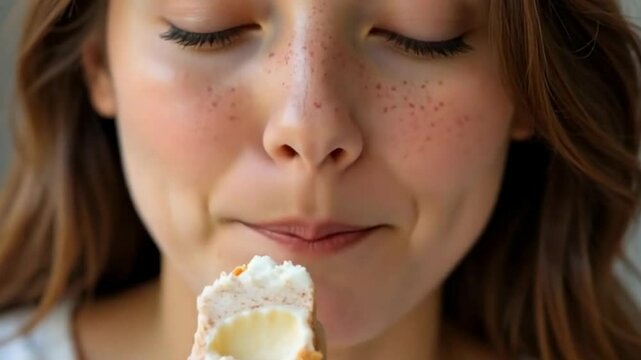 A woman with wavy hair smiles contently while enjoying a chocolate ice cream bar.