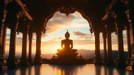 A captivating image of a Buddha statue silhouette framed by ornate temple architecture, with intricate details highlighted in the soft glow of twilight.