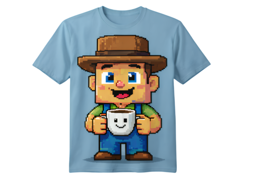Light Blue T-Shirt with Pixel Art Design, Transparent Background, Retro Graphic