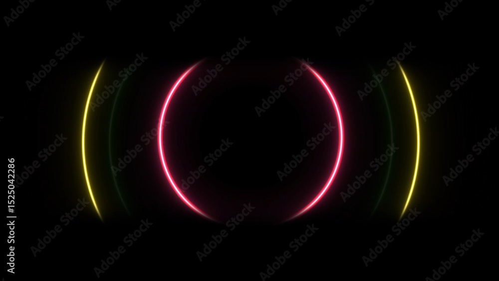 Poster abstract neon glow red circle with yellow and green arcs on black background this image