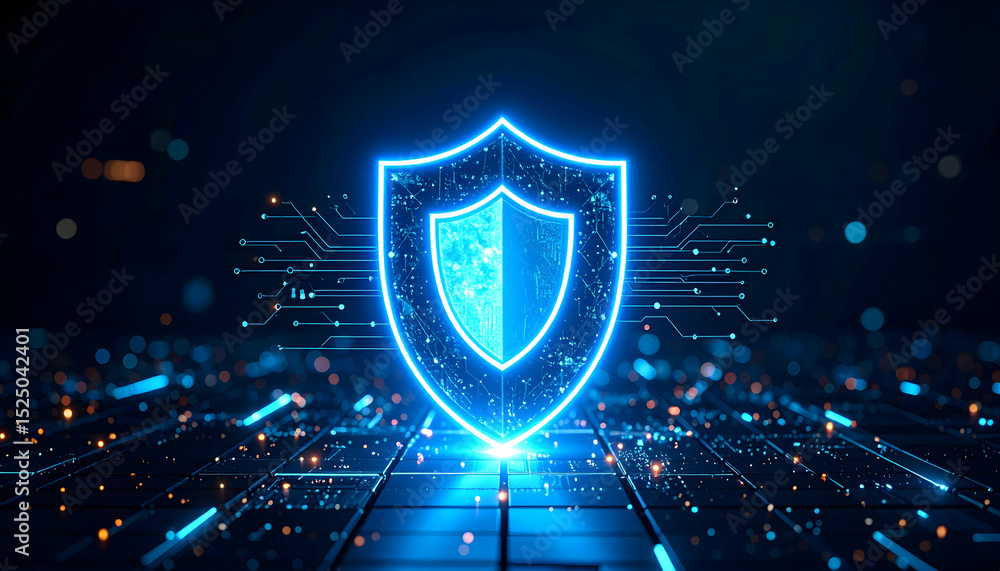 Poster digital shield with glowing technology elements and circuit patterns