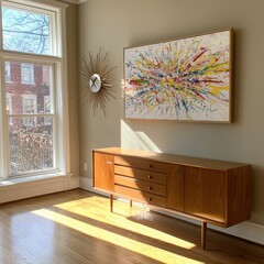 A mid-century modern wall with colorful abstract art and a vintage sunburst clock, surrounded by wooden furniture, retro-chic vibe.