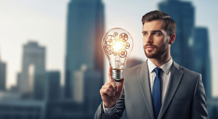 Businessman holding innovative lightbulb with gears inside. Creative idea for business strategy, financial growth, solution analysis & development. Inspiration, technology concept1
