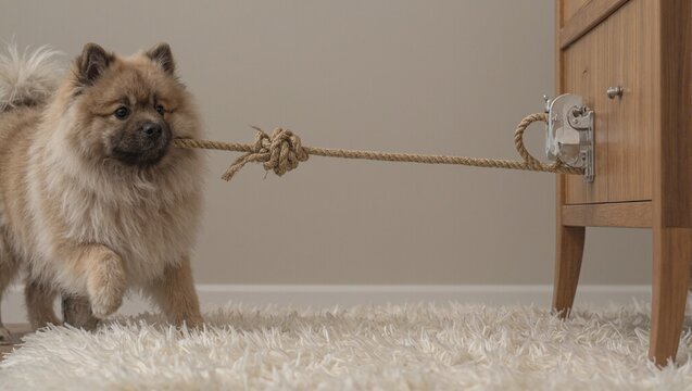 Fluffy keeshond dog playing with rope toy