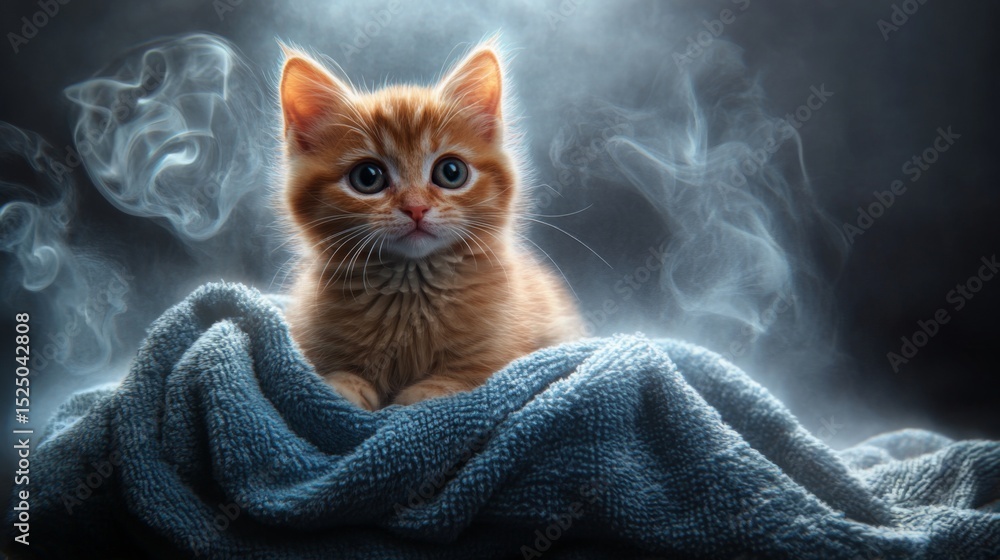 Poster A charming image of a cat sitting on a towel with a satisfied expression after its bath, with steam rising in the background, creating a cozy atmosphere.