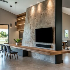 A wall-mounted TV surrounded by custom cabinetry with built-in LED lights, paired with neutral tones and clean lines, modern aesthetic.