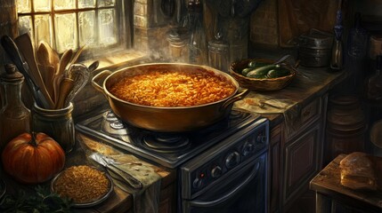 A charming kitchen scene with a pot of hot fried rice on the stove, surrounded by fresh vegetables and spices, conveying the warmth of home cooking.