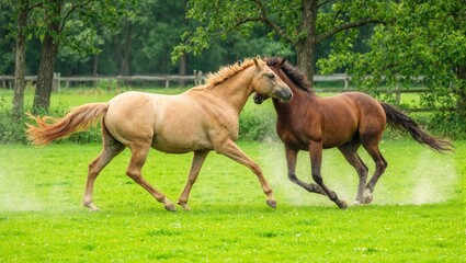 Fototapeta premium Horses playing in pasture