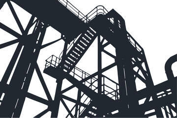 Silhouette of a complex industrial plant, refinery or factory. Upward view of pipes, stairs, and steel framework. Monochrome vector illustration.