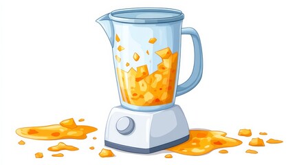 Cartoon Broken Blender Jar Spilling Orange Liquid on a Countertop Surface