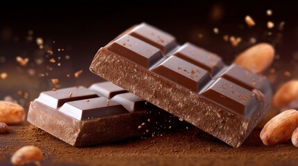 Close-Up of Broken Chocolate Bar Surrounding Cocoa Beans and Powder on Dark Background