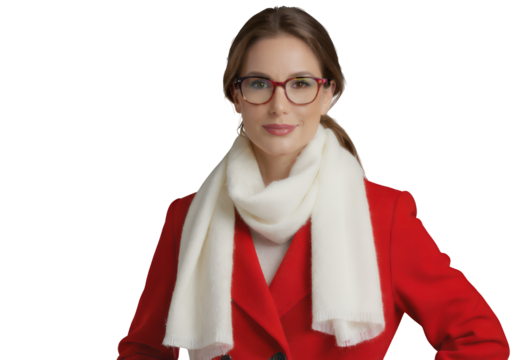 Red Coat with White Scarf, Transparent Cutout, Elegant Design