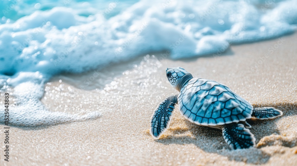 Poster a close-up of a baby sea turtle making its way to the ocean, with soft sand surrounding it and gentl