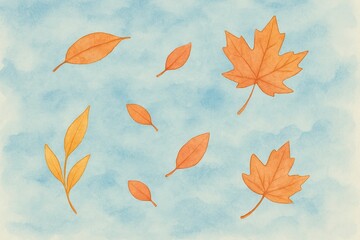 A soft watercolor illustration of delicate autumn leaves drifting gently across a serene blue background, capturing the peaceful transition of seasons and the quiet beauty of nature's changing hues.