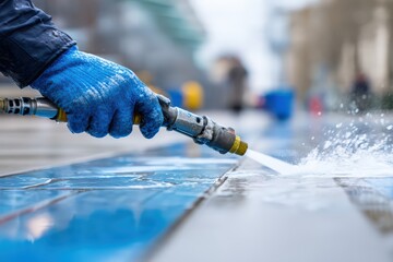 High pressure cleaning of tiled surface in urban area during daylight Generative AI