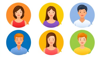 Colorful Circular Icons of Diverse Individuals in Portrait Style for Group Chat Imagery