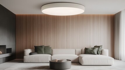 A large, circular fabric ceiling lamp in soft beige tones, softly illuminating a cozy, minimalist living room, Scandinavian-inspired.
