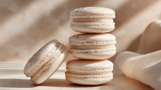 Stack of five light beige macarons with smooth surfaces and slightly textured filling, on a neutral soft background with a fabric cloth nearby